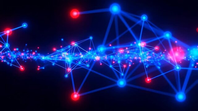 Glowing blue and red nodes pulse and connect dynamically with flowing lines on a dark digital background. Animated texture shows points nodes and lines with pulsing motion.