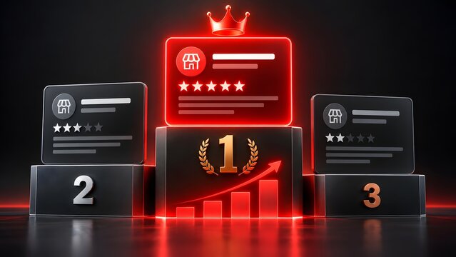 3D podium displaying local business rankings with the top position featuring a glowing red five-star review card, a crown, and an upward growth chart for SEO success