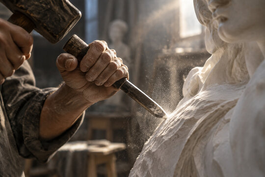 A sculptor's chisel poised for the final strike on a marble statue, dust in air.