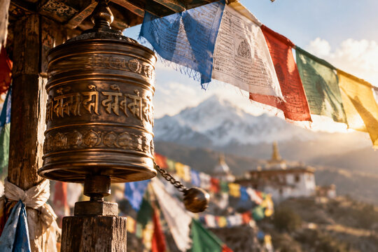 A Tibetan prayer wheel turning amidst silk flags in morning light.