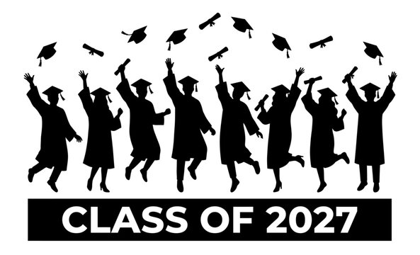 Group of happy graduates jumping and throwing caps and diplomas in the air, class of 2027