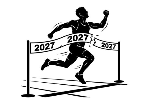 Silhouette runner breaking finish line tape with 2027 year, vector