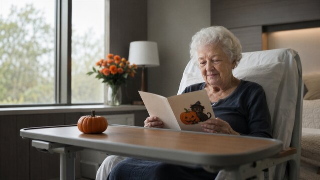 Elderly woman reads a Halloween greeting card in hospice care. Halloween at hospice. Seasonal celebration and compassionate end-of-life care. Aging, patient wellbeing and holiday connection.