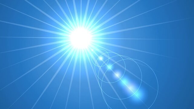  Brilliant Blue Sun Flare, Intense White Light Burst with Radiating Rays, Lens Flare Glow, Blue Energy Beams, Bright Atmospheric Lighting Effect, Cinematic Motion Graphics Background