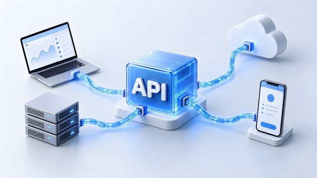 Application programming interface API concept with glowing blue cube connecting laptop cloud storage servers and smartphone networks