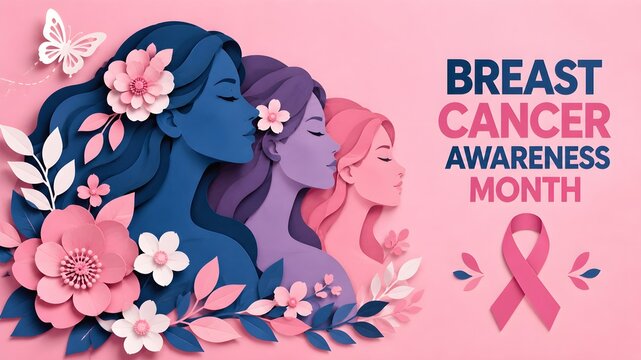 Breast cancer awareness month concept with paper cut style female silhouette and floral elements on pink background