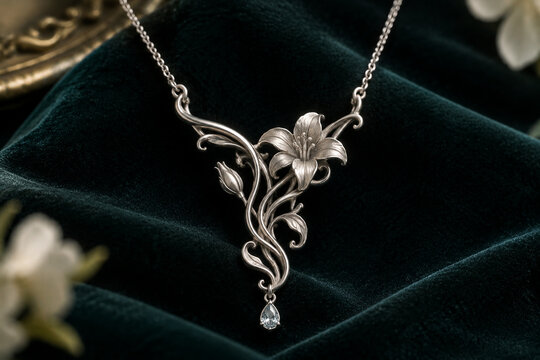 Art Nouveau style silver pendant necklace with flowing vines and floral motifs.