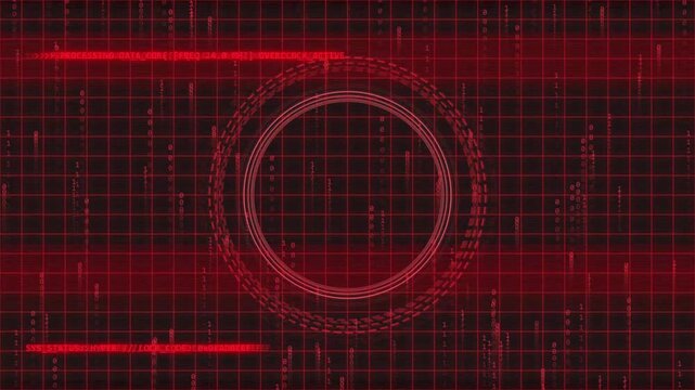 Red Futuristic HUD Target Interface, Glowing Circular Scanner Grid, Digital Crosshair Display, Cybersecurity Technology Screen, High Tech Motion Graphics Background