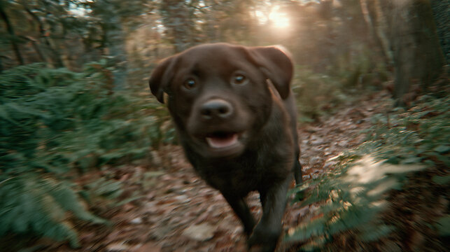 Labrador dog with a happy expression running on a hiking trail in a forested background