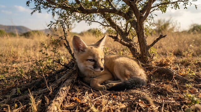 Fennec fox resting in dry savanna grassland with natural lighting