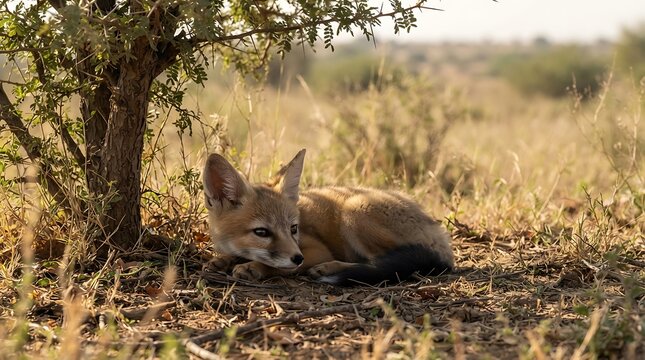Young fox resting under a small tree in a dry grassy field