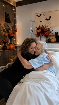 Woman embraces elderly hospice patient in Halloween-decorated room. Family caregiving and end-of-life support. Halloween at hospice. Palliative care and compassionate connection.