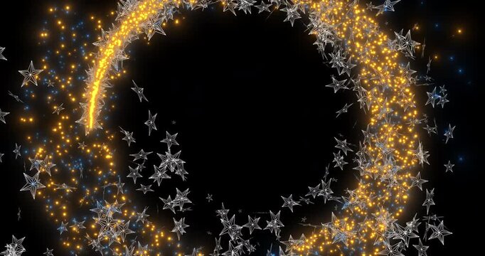 Shimmering silver stars accompanied by golden sparks travel in a spiral. Brilliant festive dust illuminates the isolated frame with golden light.