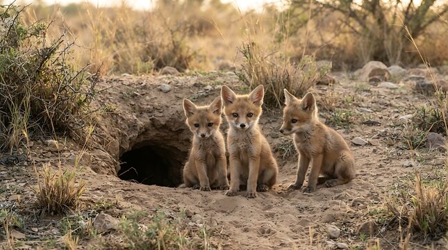Three young foxes sitting near den in natural dry grassland with copy space