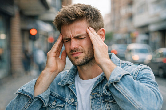 Young man with hand on head, indicating he is experiencing a headache in a busy city environment.