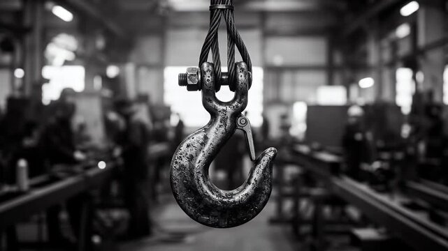 Gritty black and white closeup of a robust industrial lifting hook suspended by cables in a blurred factory workshop