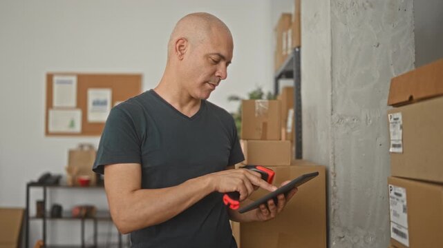 Man scans cardboard parcel with handheld barcode scanner while holding tablet and tapping screen, forearm visible in building; focus.