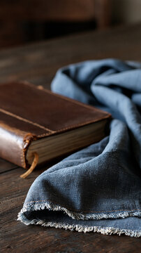 Weathered plain slate blue fabric draped beside an old leather journal soft frayed edges and worn binding on a dark wooden surface subdued directional light maintaining a reflective