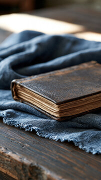 Weathered plain slate blue fabric draped beside an old leather journal soft frayed edges and worn binding on a dark wooden surface subdued directional light maintaining a reflective