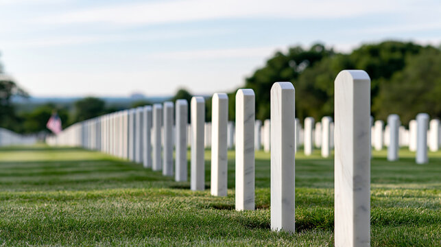 Symmetrical rows of plain white marble headstones in a peaceful cemetery neatly maintained green grass and distant trees under soft diffuse light precise central perspective with