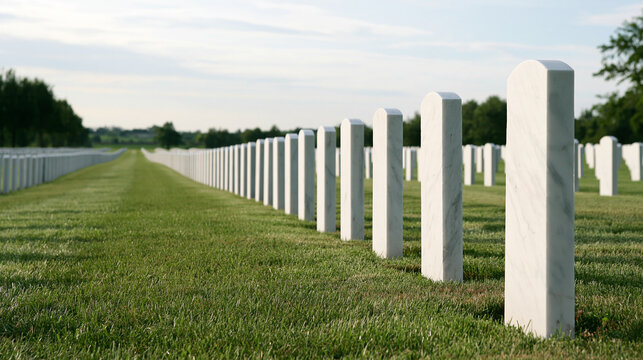 Symmetrical rows of plain white marble headstones in a peaceful cemetery neatly maintained green grass and distant trees under soft diffuse light precise central perspective with