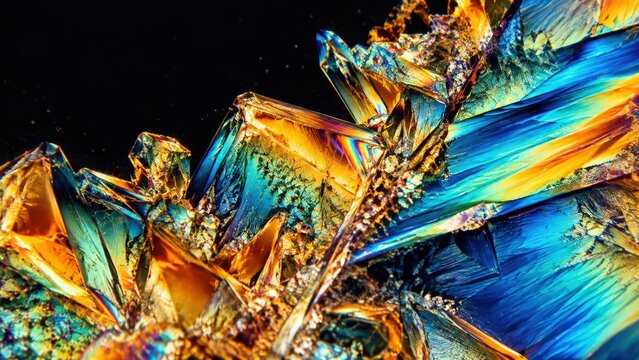 Macro close up of colorful microscopic crystals with vibrant blue and golden orange iridescent texture on black background