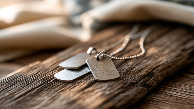 Plain metal identification pendants resting on weathered wood before softly blurred cream fabric a fine chain catching subdued side light and subtle scratches showing age personal history
