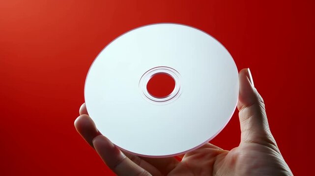 Adult hands hold and gently rotate an optical disc in a close-up studio scene against a red backdrop. Technology education, data backup campaigns, and digital media presentations.