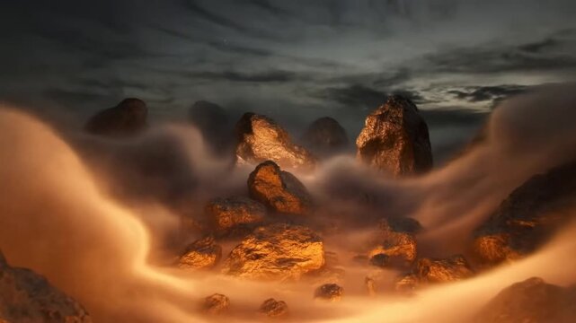 Flowing mist surrounds dark rock formations in a cloudy mountain wilderness. Cinematic title sequence, nature documentary, and fantasy film environment.
