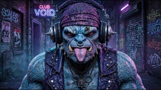 Blue orc creature musician humanoid monster with blue skin, headphones, tongue out gritty neon alley