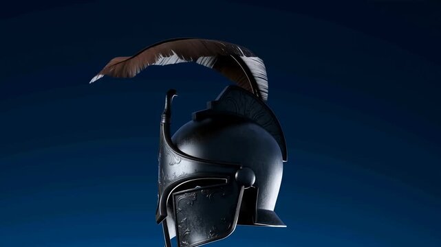 Ancient warrior helmet slowly rotates in a dark blue studio setting. Historical documentary, military history education, and archaeology presentation.