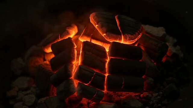 Glowing charcoal and burning wood smolder in a dark outdoor fire pit. Camping promotion, barbecue and grilling advertising, and fireplace and heating content.