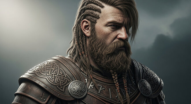 Detailed portrait of a warrior with braided hair and beard, wearing ornate armor, symbolizing strength, heritage, and ancient warfare