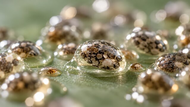 acro close up of chia seeds encased in clear gel droplets on green leaf surface with soft bokeh highlights