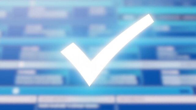 White checkmark confirmation graphic over a blurred blue digital interface. Software interface messaging, website confirmation screens, and business presentations.