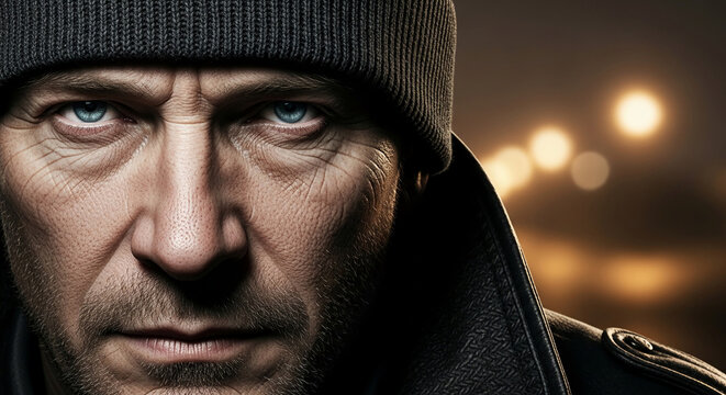 Close-up portrait of a man with blue eyes, weathered skin, and a knit cap, conveying intensity, resilience, and urban grit.