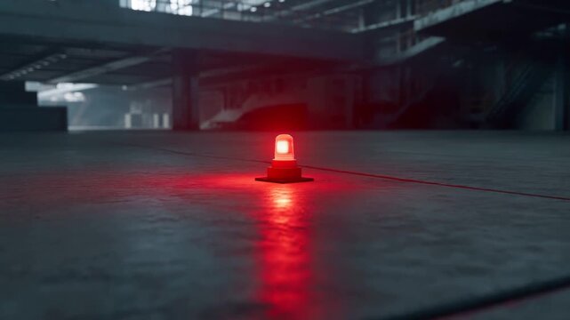 Flashing red warning beacon on an empty concrete floor inside a dark industrial facility. Industrial safety training, emergency preparedness campaigns, and workplace hazard communication.