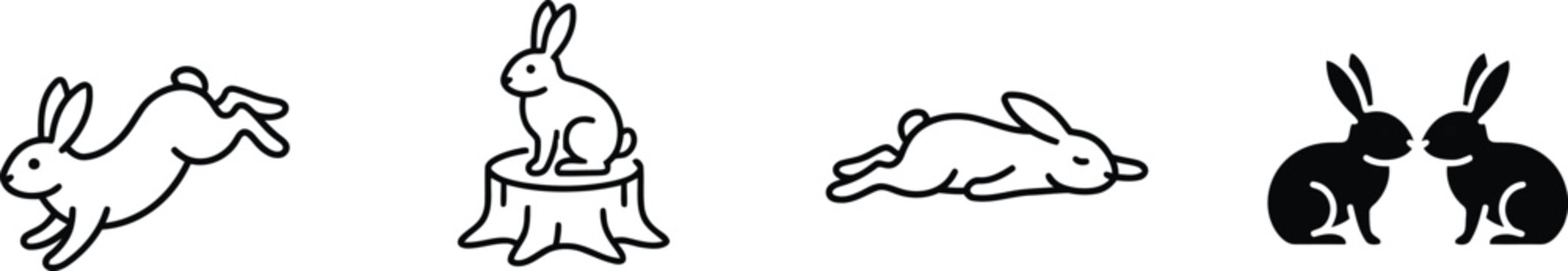 Minimalist linear hare habits collection depicting small wild animals leaping resting napping and interacting with each other isolated on white background