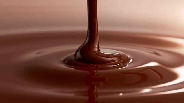 Glossy chocolate syrup pours into a pool in an extreme close-up studio food scene. Dessert advertising, chocolate product promotion, and bakery marketing.