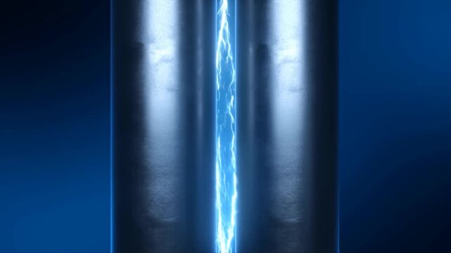 Electrical energy flickers vertically between dark metal columns in an abstract industrial setting. Energy technology presentations, electrical engineering education.