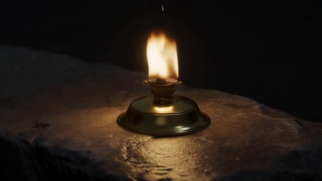 Burning oil lamp flickers on a rough stone surface in deep darkness. Historical storytelling, survival preparedness content, and camping education.