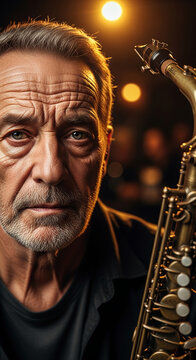 Close up portrait of a mature man with a saxophone, symbolizing jazz music, experience, and passion, with warm bokeh lights in the background