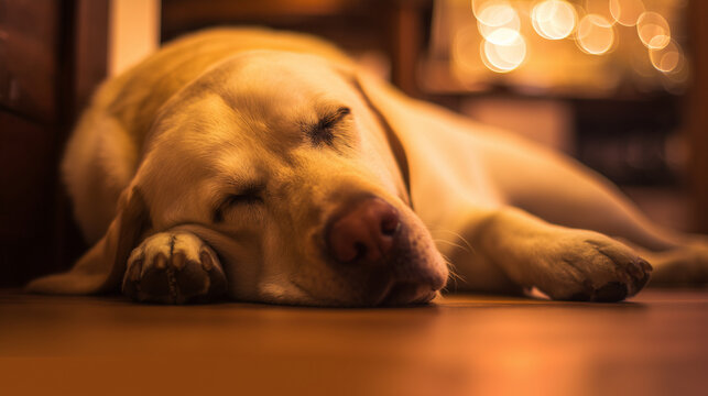 Relaxed dog sleeping peacefully indoors in soft golden evening light with a warm blurred background.