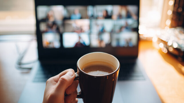 Person holding a hot cup of coffee in front of a laptop during an online video conference while working remotely from home.