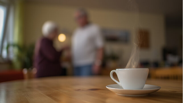 Steaming cup of coffee on a wooden table with two people having a conversation in a softly blurred home interior.