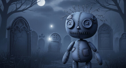 Fototapeta premium A dark, spooky scene with a stuffed doll in a graveyard under a full moon, symbolizing Halloween, horror, and gothic themes