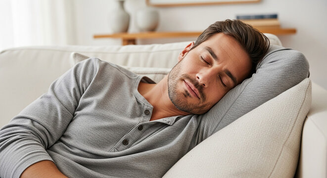 Man sleeping on sofa with closed eyes, resting peacefully on a pillow, symbolizing relaxation, comfort, and downtime in a calm home environment