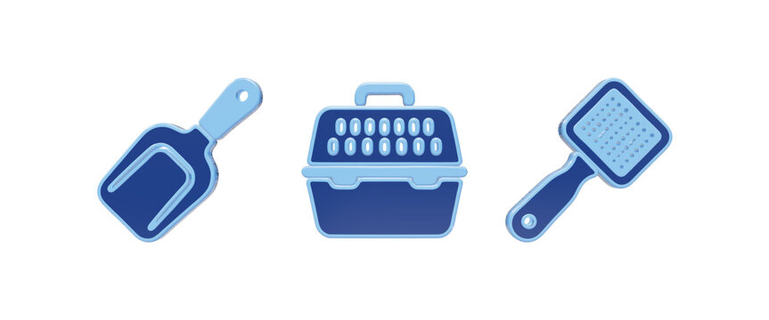 3D blue pet care icons set featuring a litter scoop, pet carrier crate, and grooming slicker brush for animals isolated on a transparent background