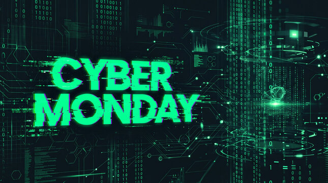 Digital abstract with green binary code and circuit patterns, representing Cyber Monday sales and technology