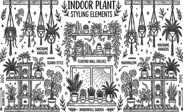 Hand Drawn Indoor Plant Styling Elements Doodle Collection with Macrame Hangers Floating Wall Shelves Stands and Window Gardens for Botanical Interior Design